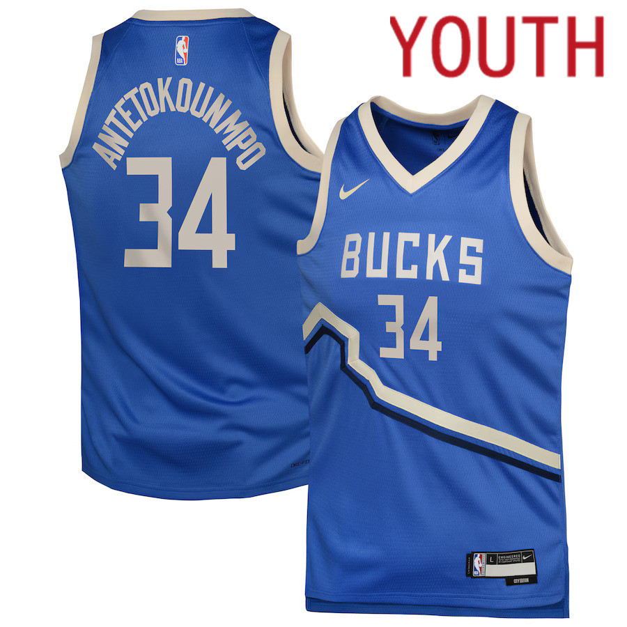 Youth Milwaukee Bucks #34 Giannis Antetokounmpo Nike Royal City Edition 2024-25 Swingman Player NBA Jersey